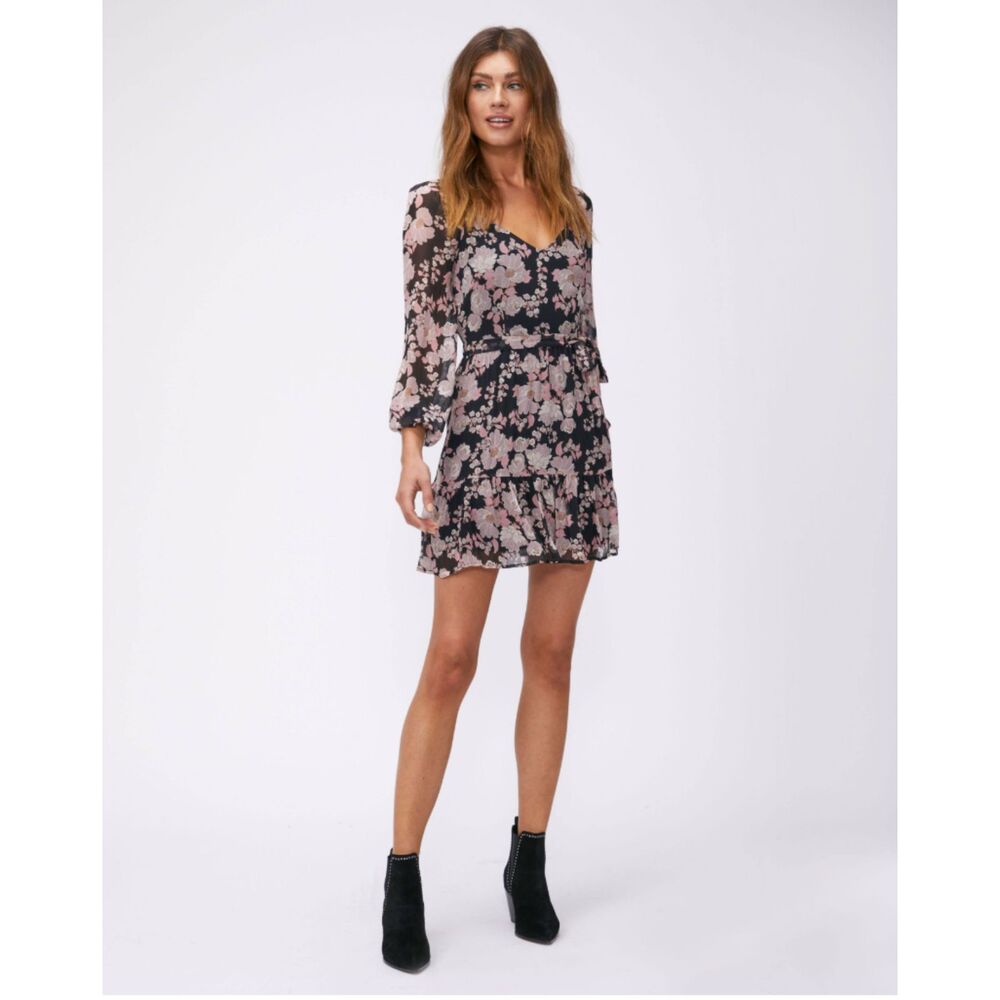 Paige Simi 100% Silk Sheer Sleeve Floral V-Neck Tie Waist Mini Dress M